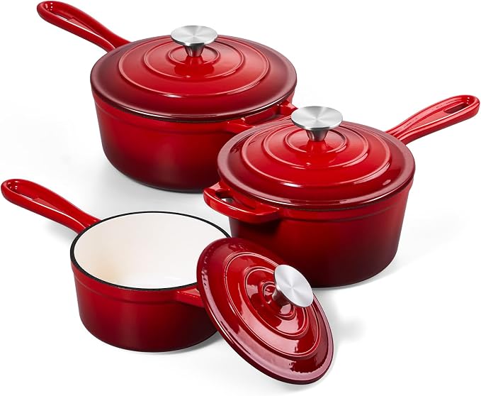 Onader Cast Iron Sauce Pan Pot, 1QT & 2QT & 3QT Small Saucepan with Lid, Enameled Cast Iron Dutch Oven Cooking Kitchen Pot, Nonstick & Heavy Duty – Red