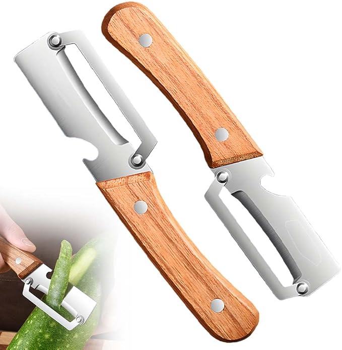 Multi-Functional Vegetable Peeler for Kitchen, 2026 New Stainless Steel Peeler with Wooden Handle and Bottle Opener, Kitchen Tool for Fruit Veggie Pumpkin, Gifts for Mom (Wood，2PCS)