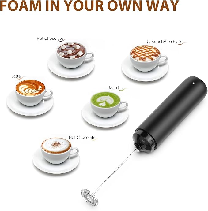 Milk Frother Handheld Electric Foam Maker, Drink Mixer with Stainless Steel Whisk for Cappuccino, Bulletproof Coffee, Latte, Battery Operated (Deep black)
