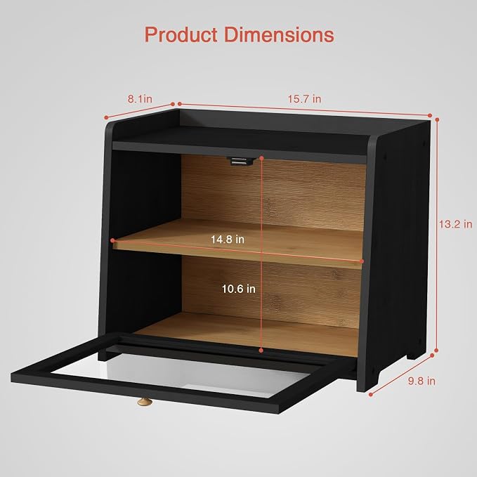 Goozii 2 Tier Bread Box for Kitchen Countertop Black, Double Layer Breadbox for Counter Top, Large Wood Vintage Bread Storage Container for Homemade Bread, Corner, Under Cabinet, Pantry