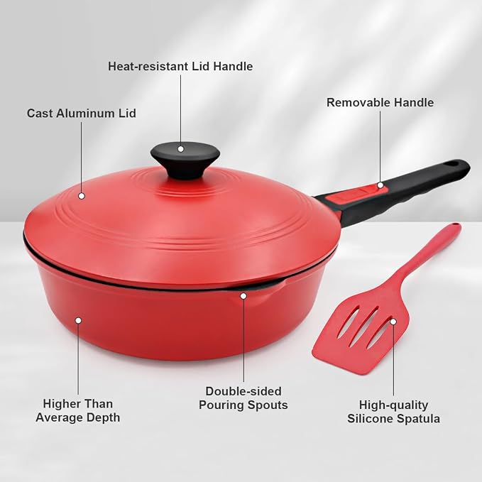10 Inch Deep Frying Pan Skillet with Lid, Saute Pan Nonstick, Red | Detachable Handle, Suitable for All Stoves, Including Induction, PTFE & PFAS & PFOA Free, Oven Safe