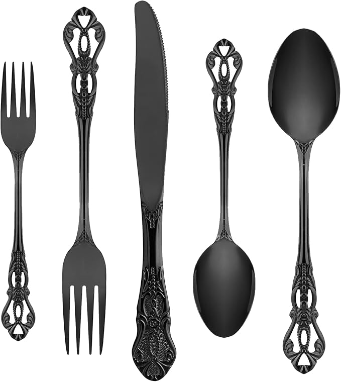 Black Silverware Set for 4, Stainless Steel Gorgeous Retro Royal Flatware Set, 20-Pieces Cutlery Tableware set, Kitchen utensils set Include Spoons And Forks Set, Mirror Finish, Dishwasher Safe