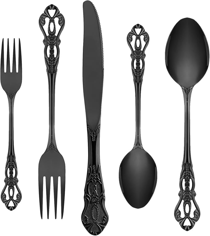 Black Silverware Set for 12, Stainless Steel Gorgeous Retro Royal Flatware Set, 60-Pieces Cutlery Tableware set, Kitchen utensils set Include Spoons And Forks Set, Mirror Finish, Dishwasher Safe