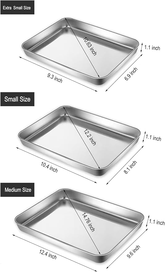 Extra Small Serving Tray in Bulk Stainless Steel 304 Little Tiny Baking Sheet Pans 9.3 x 6.9 x1.1Inch (Diagonal 10.63) Dishwasher Safe No Rust Reheat Food for 1~2 Person 12 Pack