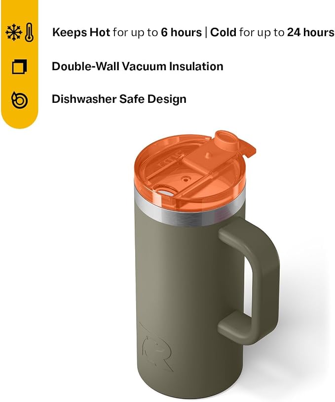 RTIC 16oz Road Trip Travel Mug with Lid and Handle, Ceramic Lined, Insulated, Stainless Steel, Metal, Double Wall Vacuum-Insulation, Portable Coffee, Tea Cup for Hot and Cold Drink, Trailblazer