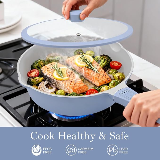 AIKENBBKK Ceramic Frying Pan Skillet with Lid, 12 inch Nonstick Deep Frying Pan for Cooking, 5 QT Large Saute Pan with Detachable Handle, Induction Ready, PTFE & PFAS-Free, Oven Safe, Blue