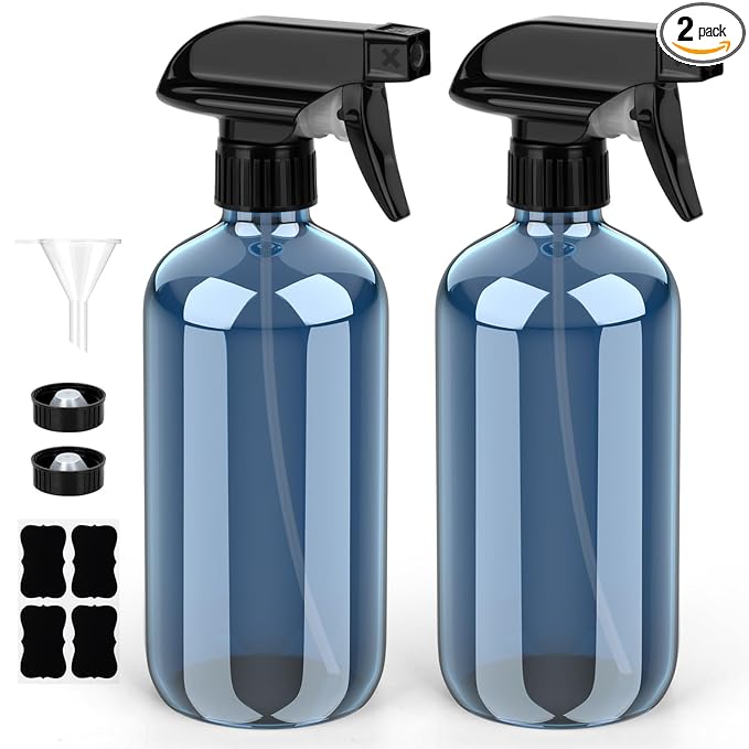 Bontip Glass Spray Bottle 16 oz for Cleaning, Plants (2 Pack, Indigo Blue) | Refillable indigo spray bottle Set, BPA-free eco glass, With labels and funnel, Great for cleaners, plant misting, hair care