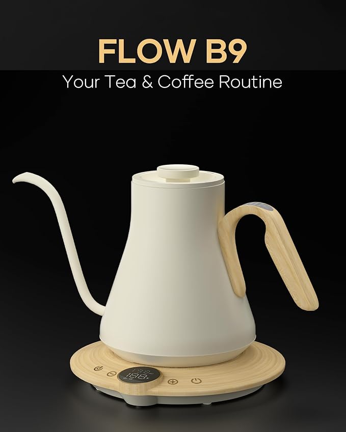 Cocinare Gooseneck Electric Kettle, ±1°F Precise Temperature Control, 1500W Fast Heating, Pour Over Coffee & Tea Kettle with Brew Timer & Keep Warm, Stainless Steel, 0.9L (White Maple)