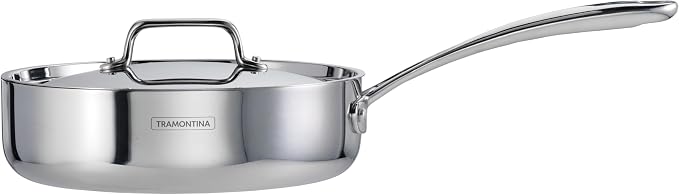 Tramontina Utsava Tri-Ply Clad Stainless Steel 2.9-Quart Saute Pan with Lid | Ceramic Non Stick Interior, Induction-Ready Cooking Pan