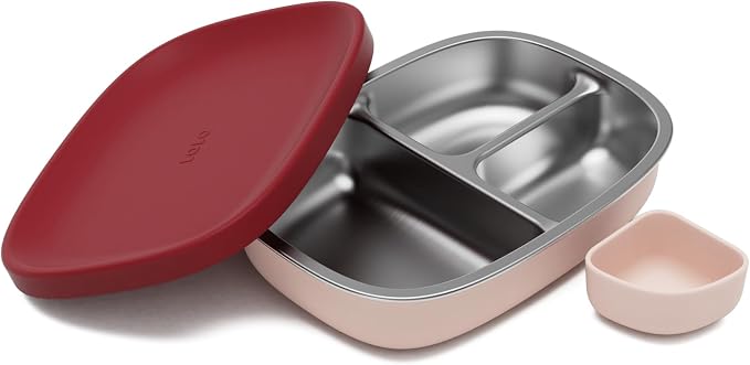 Lalo Bento Box - BPA-Free, Leak-Proof, Dishwasher Safe, Easy to Open & Clean Silicone & Stainless Steel Lunch Box For Kids, Portable for Daycare or Travel - Berry & Cream