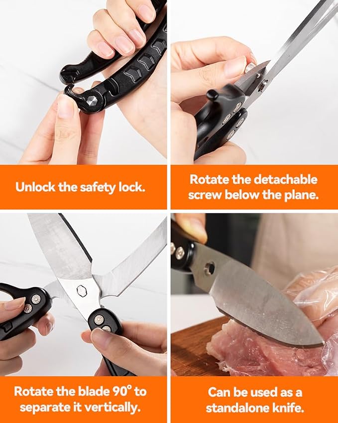 Brigii Kitchen Shears, Heavy Duty Poultry Shears, Detachable Scissors | Detachable blades, 304 stainless steel, built-in spring, safety lock, cuts bone, chicken, turkey, fish, seafood, Black