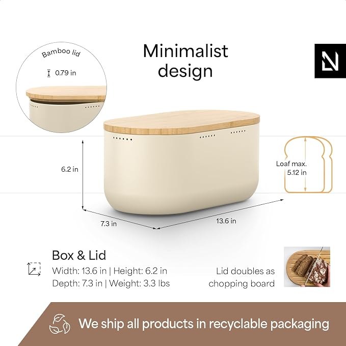 LARS NYSØM Bread Box I Metal bread box for long lasting freshness with non-slip pads I Baked goods Bin with bamboo lid usable as cutting board I 13.6x7.3x6.2in (Almond Beige)