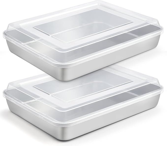 TeamFar Baking Pan with Lid, 12.5"x9.8" Rectangule Cake Pans- 2Pans + 2Lids | Stainless Steel Lasagna Pans with Covers for Cake Brownie Casseroles, Birthday Party Outdoor, Healthy, Oven & Dishwasher Safe