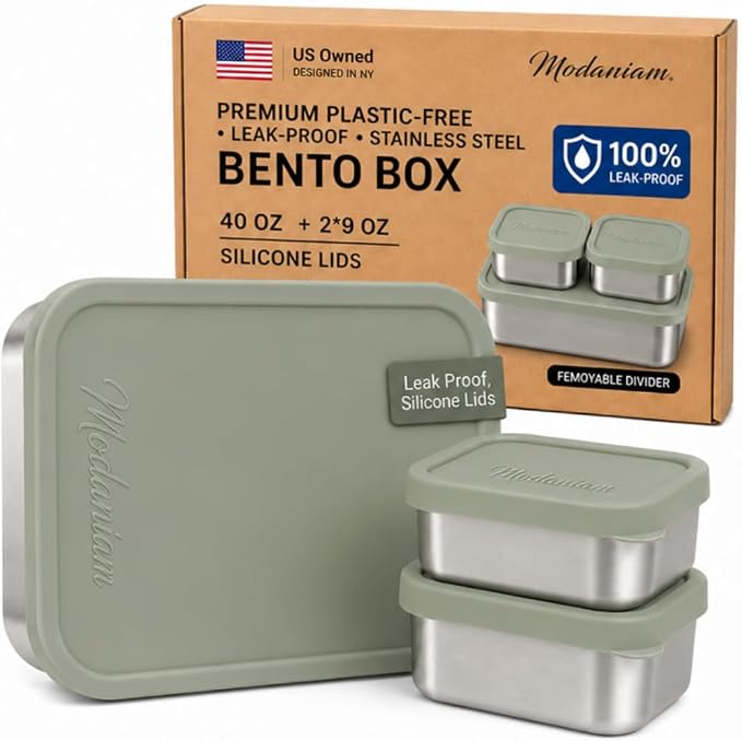 Flexibento Leak Proof 40 OZ Stainless Steel Lunch Box, Silicone Lids, Sage Set of 3