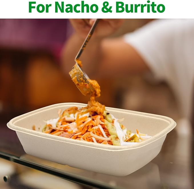 32 oz Large Rectangle Paper Bowls 100 Pack for Burrito Taco Salads | Oblong Disposable Bowls As Nacho Trays,Taco Boats and Baked Potato Dish,Nacho Taco Bar Supplies for Party,100 Bowls Only