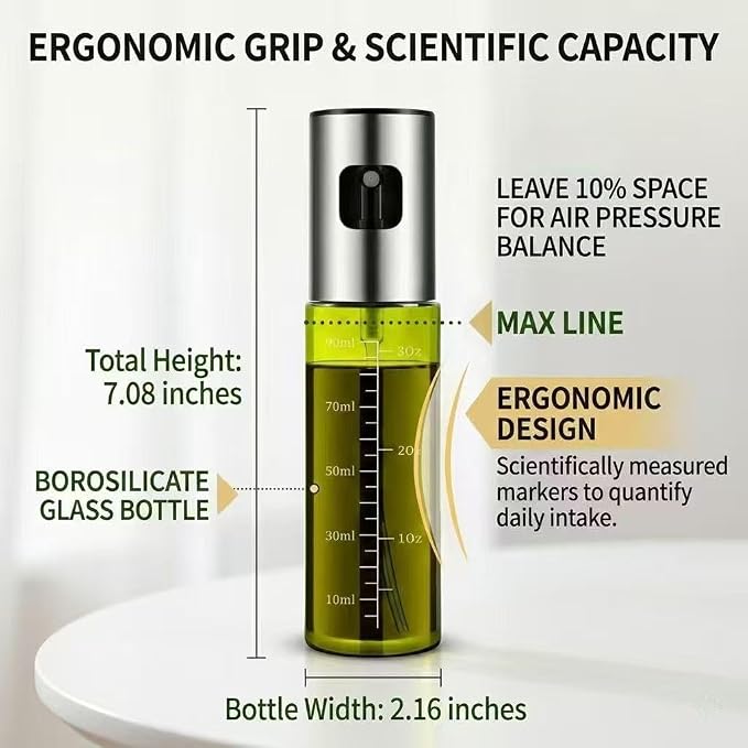 Oil Sprayer for Cooking - Olive & Avocado Oil Spray Bottle | 100ml Food Grade Glass Mister with Adjustable Nozzle for Kitchen Gadgets, Air Fryer, Salad, Frying, BBQ