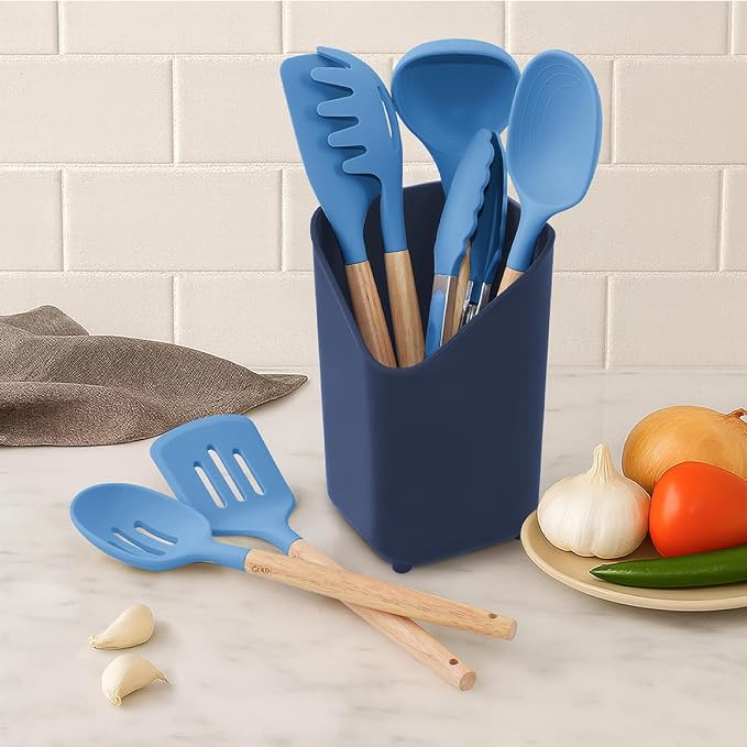 Glad Silicone Kitchen Utensils Set, 8pcs - Nonstick Cooking Tools with Wooden Handles and Utensil Holder - Spatula Set with Turner, Ladle, Spoons, Tongs, and Spaghetti Server - Blue
