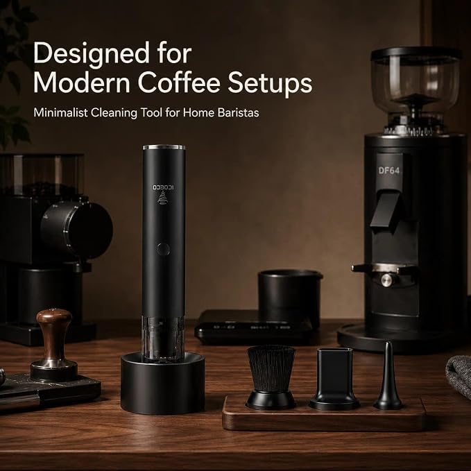 Mini Coffee Grinder Vacuum Cleaner for Espresso Machines & Barista Stations | Coffee vacuum, grounds cleanup, 4 heads, soft bristle brush, angled nozzle, blower tip, removable tray, USB-C rechargeable