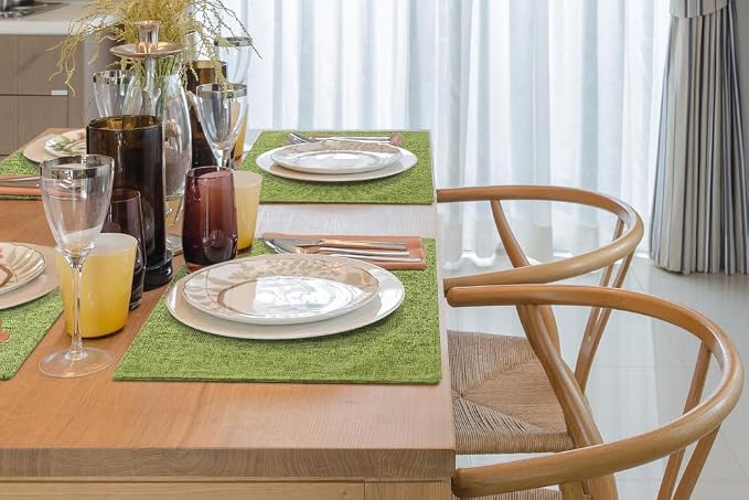 Faux Cotton Linen Placemats Set of 8, Cloth Washable Farmhouse Dining Table Mats for Indoors & Outdoors, Easy to Clean, Grass Green, 13 x 19 Inch