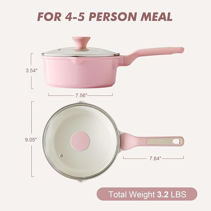 SENSARTE Ceramic Nonstick Saucepan with Double Pouring Spout, 3QT, Pink | Cooking Pot with Stay Cool Handle, Induction Compatible, Ceramic Coating, PFOA/PFAS/PTFE Free