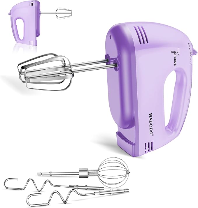 WADODO 7-Speed Electric Hand Mixer – Portable Food Mixer Kitchen Mixer with 304 *(1x Whisk, 2x Beater, 2x Dough hook) for Baking Cakes, Cream, Cookies, PURPLE