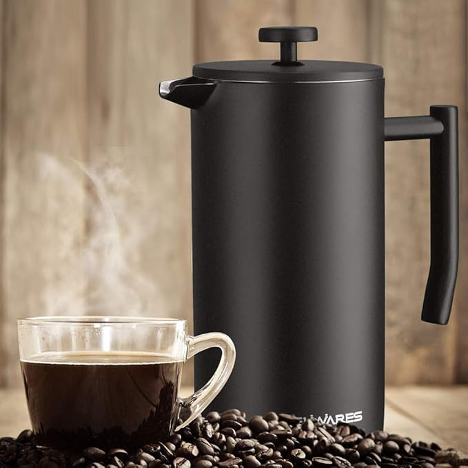 French Press Coffee Maker - 50oz Stainless Steel, Insulated Coffee Press | Large 6 Cup 50oz Capacity, Double Wall Keeps Coffee Hot, 4 Level Filter for Ground Free Coffee, 2 Extra Filters, Matte Black