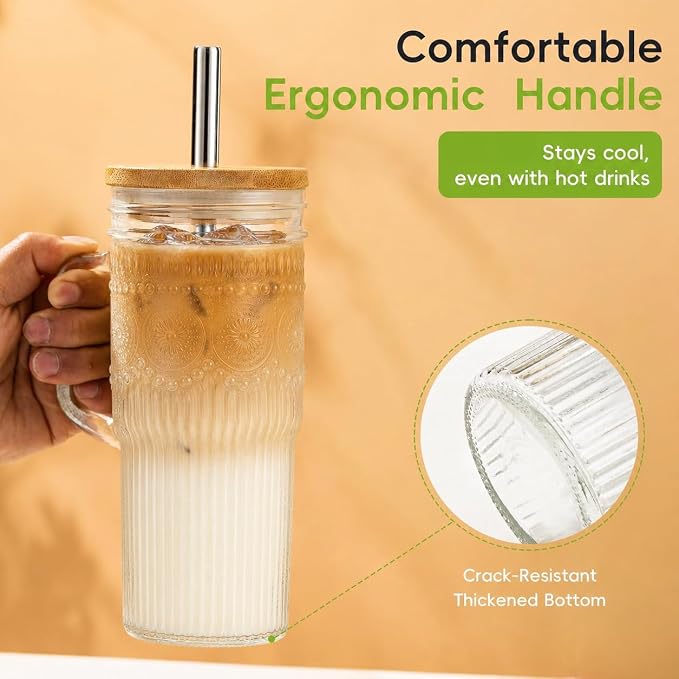 JunVpic Glass Tumbler, 24 oz Ice Coffee Cups with Bamboo Lid and Handle | Stainless steel straws and cleaning brushes, boho pattern design for iced coffee, smoothies, tea and daily drinks