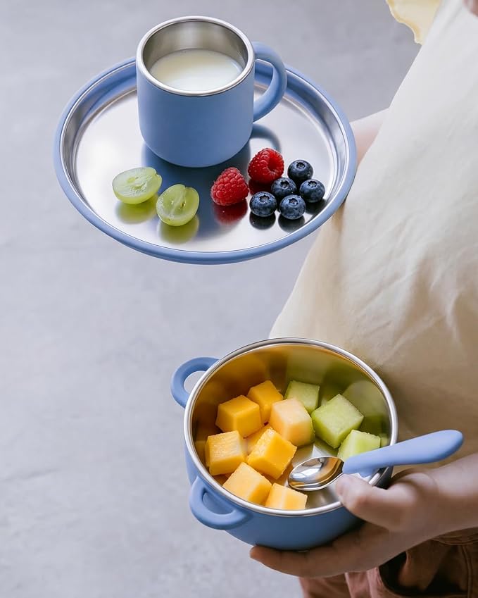 Bakpoco Stainless Steel Baby Plates with Removable Silicone Suction | 8" Stainless Steel Toddler Plates, Open Suction Plates for kids Non Toxic & BPA Free Dishwasher Safe Dinnerware Set of 3