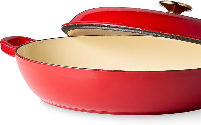 CAROTE 3.4QT Enameled Cast Iron Braiser Pan, Shallow Dutch Oven Casserole Skillets, Non-Toxic Cast Iron Pot with Lid for Grilling, Searing, Baking, Dual Handles, All Stovetop Compatible, Red