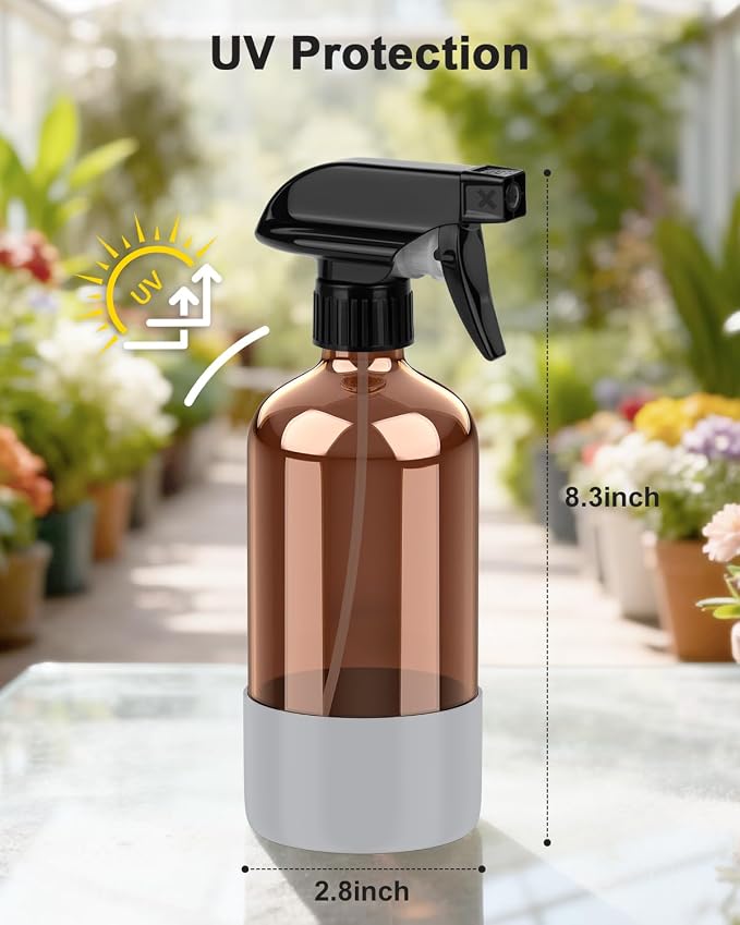 Bontip Amber Glass Spray Bottle, 16 oz with Grey Silicone Sleeve, 1 Pack | Refillable amber glass bottle, With protective silicone sleeve, BPA-free, UV shielding, Great for cleaning solutions,plants
