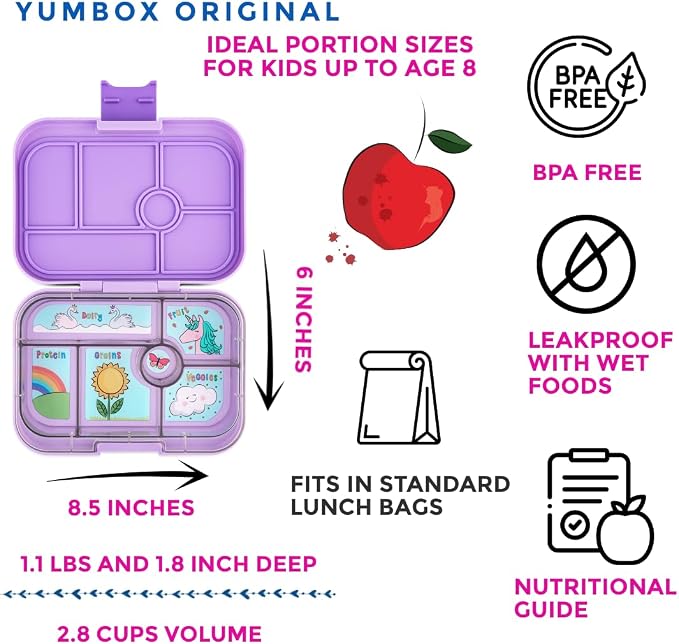 Yumbox Original Leakproof Bento Lunch Box - Lavande Purple Unicorn | 5 Compartments + built-in Dip Well, Lightweight, Compact, Easy Open Latch, Kid-Friendly