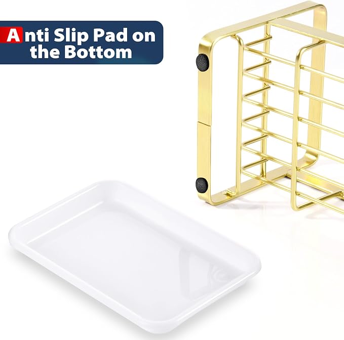 HULISEN Kitchen Sink Sponge Holder, 304 Stainless Steel Kitchen Soap Dispenser Organizer, Countertop Drainer with Removable Tray, not Including Dispenser and Brush, Gold | Removable Drain Tray, Holds Sponges Soap Bottles Brushes, Countertop Storage, No...