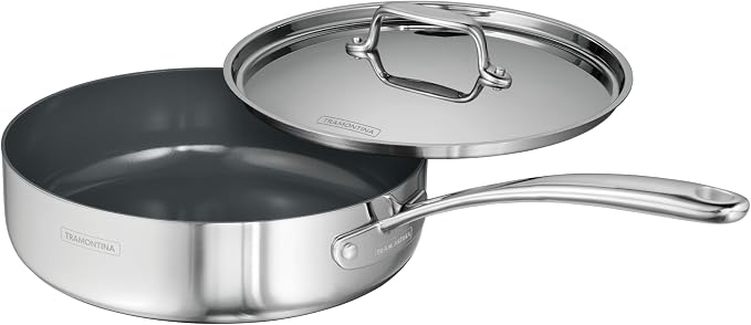 Tramontina Utsava Tri-Ply Clad Stainless Steel 2.9-Quart Saute Pan with Lid | Ceramic Non Stick Interior, Induction-Ready Cooking Pan