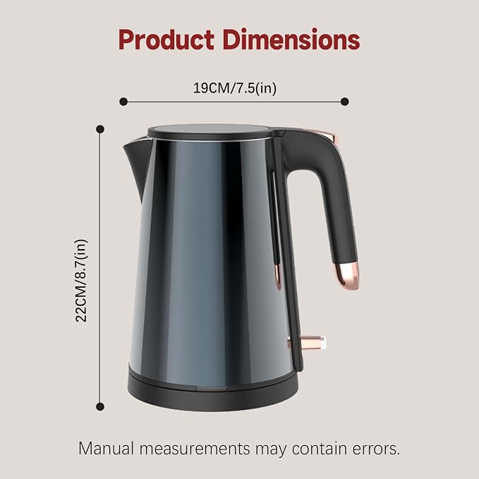 Electric Kettle 1.0L, Triple-Wall Insulated Metal Shell, 1000W | 304 Stainless Steel, BPA-Free, Auto Shut-Off, One-Push Operation, Dry Boil Protection, Fast Boiling for Tea Office Home