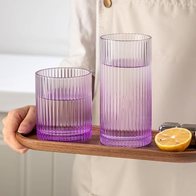 Ribbed Drinking Glasses 8pcs, 12oz and 10oz Glassware, Tumbler Glasses Cup Set for Wedding, Party, Christmas Gift, Purple