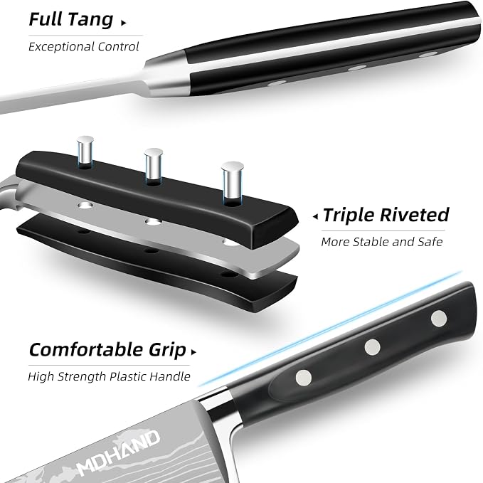 Chef Knife Set with Roll Bag, Professional Knife Set with Sharpener | High Carbon Stainless Steel 9PCS Kitchen Knife Set, Forged Triple Rivet Handle, Kitchen & Home Cooking, Dishwasher Safe Black