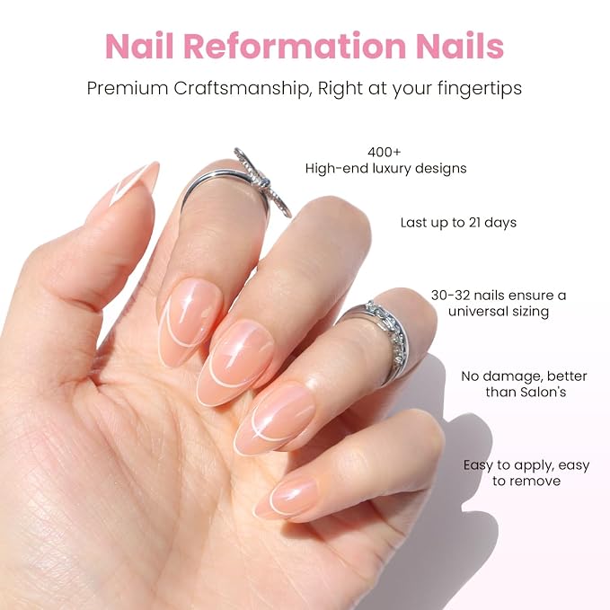 Nail Reformation Press On Nails, Minimalist | Short Almond Fake Nails | Curved French Tip on Nude Base in a Glazed Finish, Reusable Stick On Nails in 16 Sizes - 32 False Nail Kit for Women Gifts