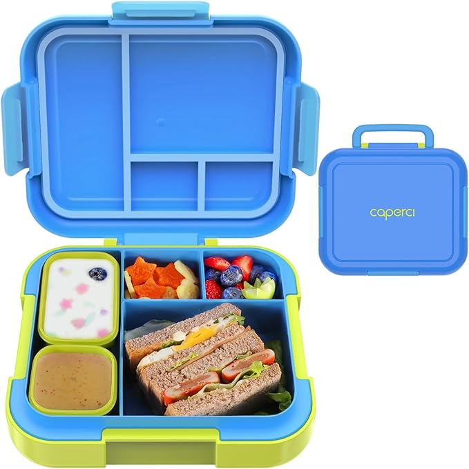 Caperci Bento Box for Kids Age 4-8 - 4.8 Cups Lunch Box with 2 Modular Containers - 4 Compartments Lunch Container, Leak-Proof, Portable Handle, Microwave/Dishwasher Safe (Blue/Juicy Pear)
