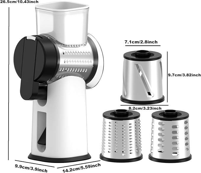Rotary Cheese Grater Hand Crank with Foldable Handle, Three Blades | Perfect Graters for Kitchen, Fresh Cheese, Vegetables, Nuts, Shredder Hand Crank with Suction Base, Rotary Grader