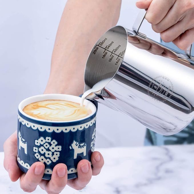 20oz Milk Frothing Pitcher, Stainless Steel Espresso Steamer Frother Cup | 600ml metal jug includes professional latte art decorating pen; top barista accessories for perfect coffee cappuccino making