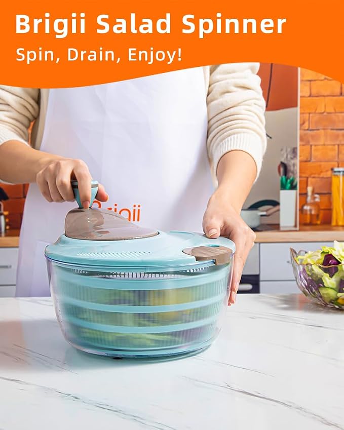 Brigii Salad Spinner, 4.24 Quart Lettuce Spinner, Vegetable Spinner | Double drainage holes, wash spin and drain without removing lid, non-slip base, easy to clean, for greens, vegetables, fruit