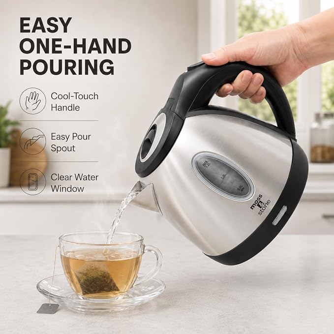 Moss & Stone Stainless Steel Electric Kettle, 1.2L Cordless 1500W | Small, portable hot water tea kettle, fast boiling pot, boil-dry protection, auto shut-off, blue Illuminate LED light