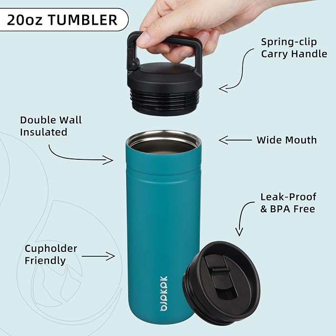 BJPKPK 20 oz Insulated Travel Water Bottle, Coffee Tumbler Stainless Steel | Double Wall Vacuum, Leakproof, Thermal, Keeps Hot/Cold, Dishwasher Safe, Spill Proof, Wide Mouth, 2 Lids, Lake Blue