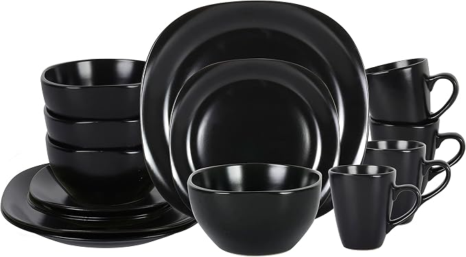 HomeVss, Stoneware Square 16pc Dinnerware Set, Matte Black