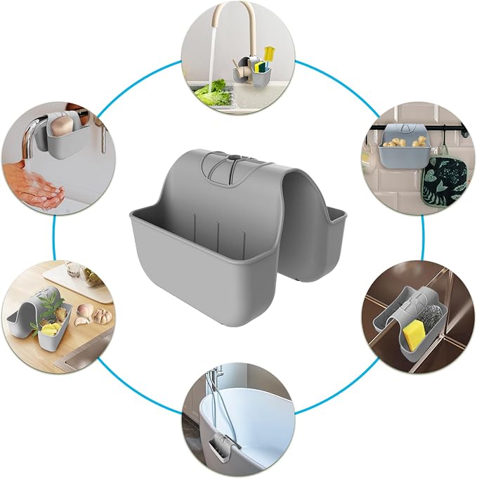 Sponge Holder for Kitchen Sink, Silicone Sink Saddle Caddy Organizer Rack, Sponges Holder Over Faucet, Hanging Kitchen Organizer Accessories Rack Basket Gray