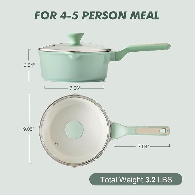 SENSARTE Ceramic Nonstick Saucepan with Double Pouring Spout, 3QT, Green | Cooking Pot with Stay Cool Handle, Induction Compatible, Ceramic Coating, PFOA/PFAS/PTFE Free