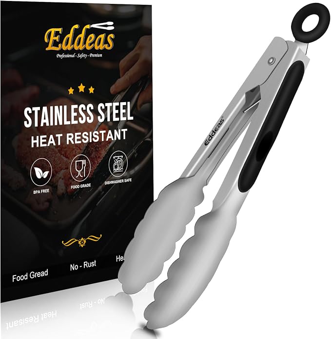 Eddeas Small Tongs For Cooking, Mini 7 inch Kitchen Tongs -Heat Resistant 600 Degrees Stainless Steel and Non-Slip handle - Perfect for Cooking, Salad, Pasta, Steaks, Vegetables,Dishwasher safe