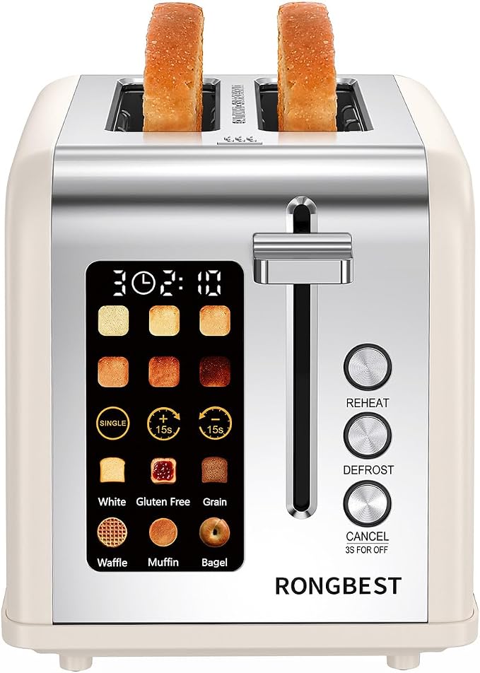 2 Slice Touch Screen Toaster Stainless Steel Wide Slot with Single-slice Mode, Digital Touchscreen, Reheat & Defrost, Toasted Bagel & Bread for Family Breakfast, Removable Crumb Tray, Cream Color