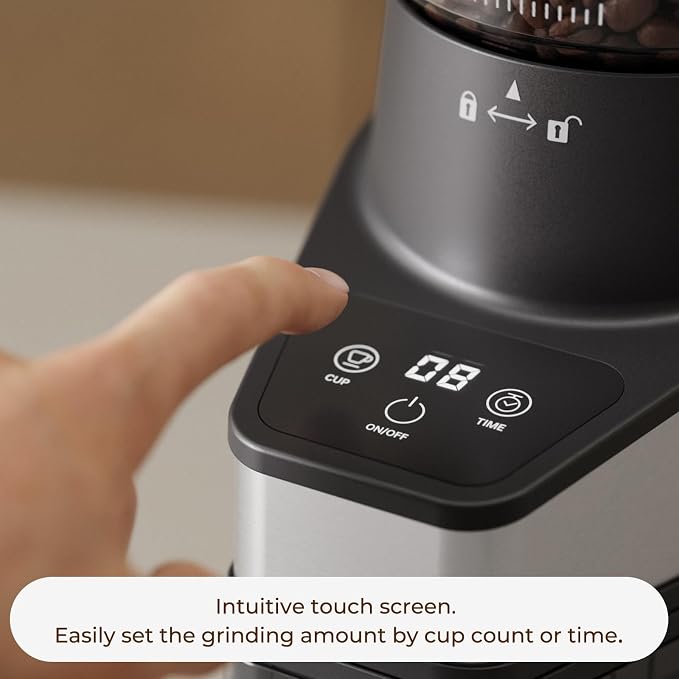Conical Burr Coffee Grinder with 60 Settings and Touch Screen | 1-60s Timer & 1-8 Cup Dosing, Anti-Static, Removable Ring & Cone Burrs for Easy Cleaning, Low Noise for Home Use, Black