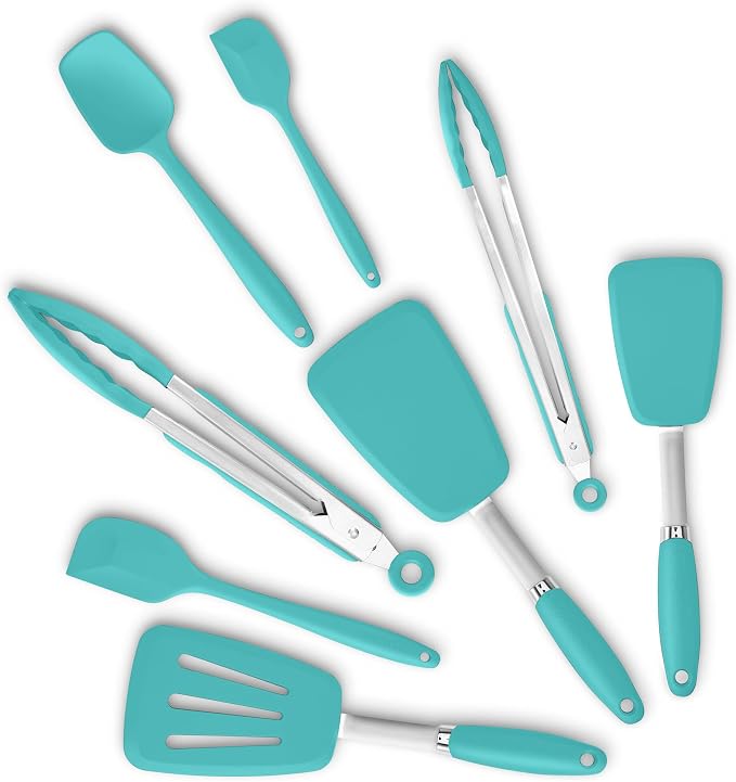 5-Piece Silicone Spatulas Set with Tongs, 446°F Heat Resistant, Aqua Sky | Steel-core Utensils, Nonstick-safe Silicone Turners and Tongs for Flipping, Grilling, Mixing and Baking, Dishwasher Safe